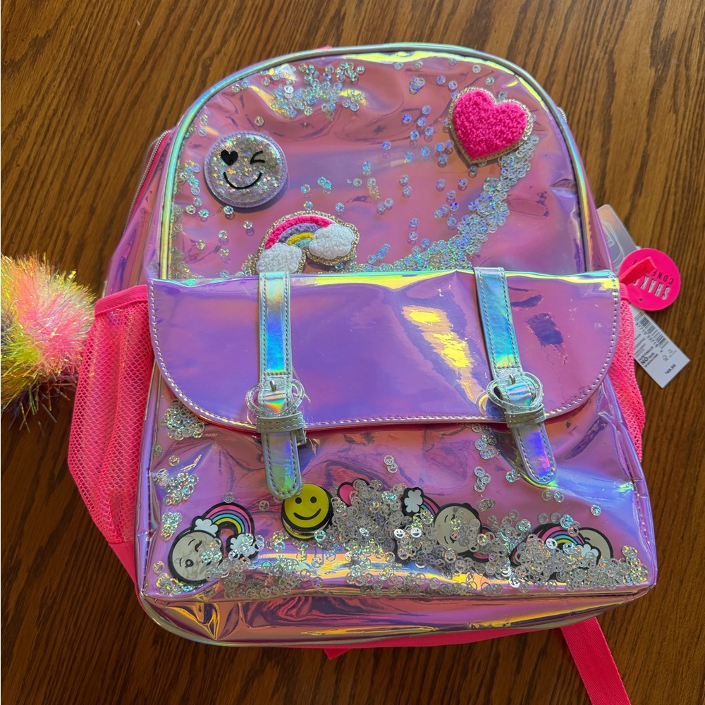 Pink and Silver Kids Backpack with Fun Patches